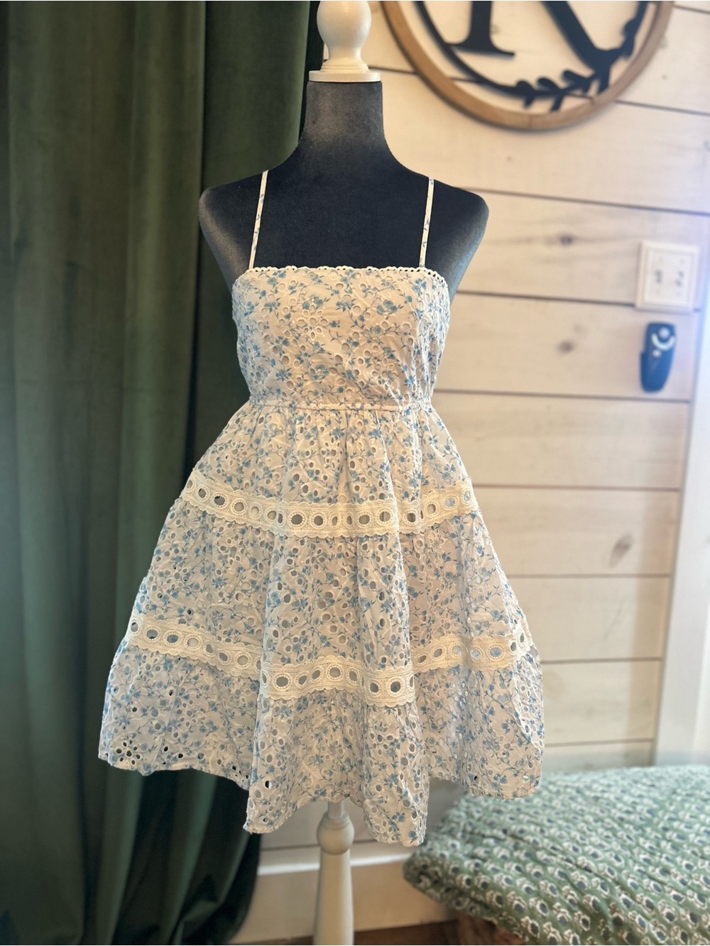 Altar'd State White and Light Blue Floral Eyelet Mini Dress